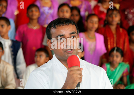 Guyanese Bharrat Jagdeo Presidente parlando in occasione di un festival indù in Georgetown, Guyana, Sud America Foto Stock