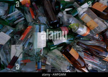 Le bottiglie di vino in un bicchiere del contenitore di riciclaggio Foto Stock