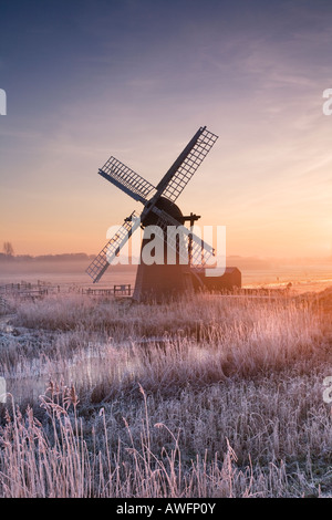 Il freddo trasformata per forte gradiente smerigliati sunrise al mulino a vento Herringfleet sul & Norfolk Broads Suffolk Foto Stock