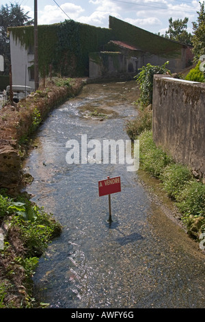 " Per la vendita " segno in un piccolo fiume francese. Acqua può rivelarsi troppo scarse e troppo prezioso per essere gestiti da imprese private. Foto Stock