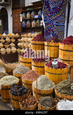 Varie spezie erbe aromatiche e profumate piante in vendita nei souk egiziano Foto Stock