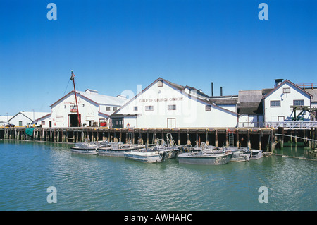 Canada, Pacific Northwest, British Columbia, Steveston, Golfo di Georgia Cannery, facciata affacciato su barche ormeggiate in banchina Foto Stock