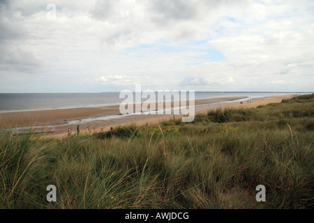 Vista verso sud est attraverso le dune dalla parte più settentrionale del punto dell'Utah Beach area di atterraggio, Normandia. Foto Stock