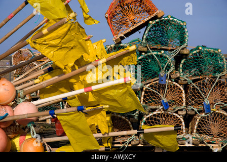 Lobster Cantre e galleggia sulla parete del porto a Eyemouth, Scozia Foto Stock