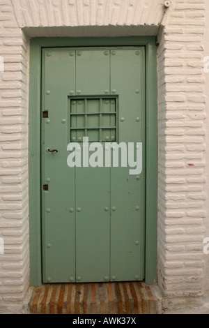 Brown porta di legno. Legno e chiodi. Decorate in verde Foto Stock