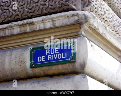 Rue de Rivoli street nome e nome-piastra in Parigi Francia Foto Stock