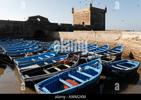 Blu barche da pesca nella parte anteriore della Scala du Port Fortezza, Essaouira, Marocco, Africa Foto Stock