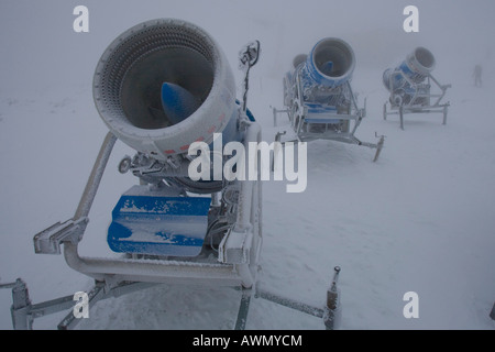 Cannoni da neve nella nebbia, il villaggio di Strbske Pleso, Slovacchia, Europa Foto Stock