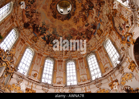 Architettura Barocca, affreschi sulla cupola di Ettal Abbey, Alta Baviera, Baviera, Germania, Europa Foto Stock