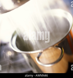 Close-up di drenaggio dell'acqua nella pentola sulla stufa Foto Stock