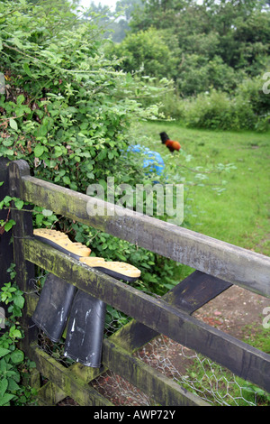 Un paio di stivali da pioggia sono memorizzati su un cinque bar porta in un ambiente rurale Foto Stock