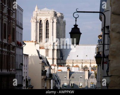 Vista sulla Cattedrale di Notre Dame dalla Rue des Carmes, Quartier Latin, Parigi, Francia, Europa Foto Stock