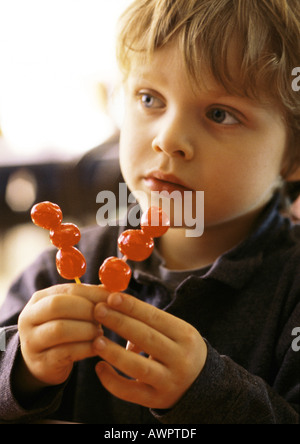 Little Boy con ciliegie su bastoni, ritratto. Foto Stock