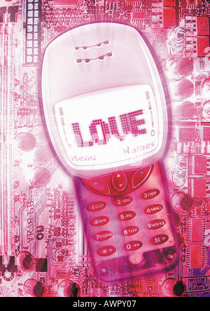 Telefono cellulare, 'amore' messaggio su schermo, composito digitale. Foto Stock