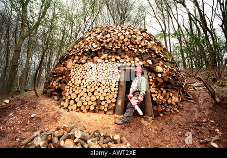 Uomo con chainsaw e il log cabin ha appena costruito. Foto Stock