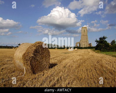 Bail di fieno nel campo accanto a St Andrews chiesa Covehithe, Suffolk, Inghilterra, Regno Unito. Foto Stock
