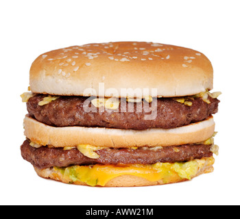 Burger Close Up contro uno sfondo bianco Foto Stock