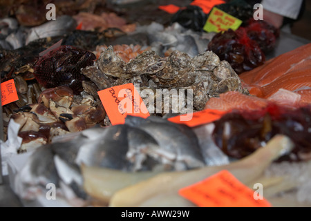 Molluschi e crostacei freschi compresi dundrum bay ostriche su un pescivendoli pesce fresco stallo a un mercato coperto Foto Stock