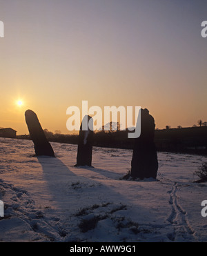 Pietre Harolds tre pietre in piedi in un campo invernale dal villaggio di a Trellech ad ovest di Tintern Foto Stock