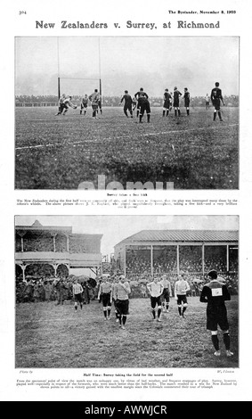 Surrey v All Blacks 1905 rivista diffusione del gioco di rugby a Richmond, durante l'Originale tour neozelandese delle isole britanniche Foto Stock