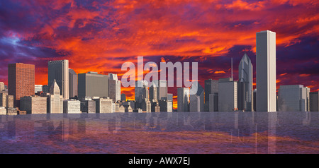 Immagine composita di edifici della città di Chicago parzialmente sommerso a causa del riscaldamento globale Foto Stock