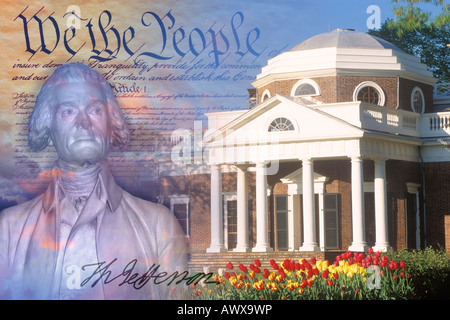 Immagine composita di Monticello, la costituzione degli Stati Uniti e il busto di Thomas Jefferson con la sua firma Foto Stock