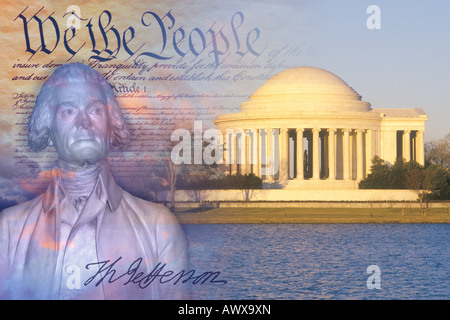 Immagine composita di Jefferson Memorial, la costituzione degli Stati Uniti e il busto di Thomas Jefferson con la sua firma Foto Stock