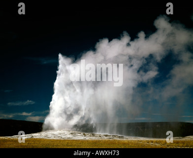 Vecchie fedeli gli schizzi di acqua calda e di vapore nel profondo blu del cielo del Parco Nazionale di Yellowstone in Wyoming Foto Stock
