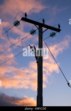 Dh Idro Elettrica elettricità dell'elettricità nel Regno Unito il filo di alimentazione polo linee di potenza tramonto Orkney Foto Stock