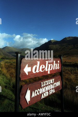 Segno a Delphi Lodge and Spa Connemara County Mayo Irlanda Foto Stock