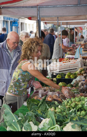 Donna al Dundee Farmers cibo e artigianato mercatino di natale; il centro della città bancarelle di vendita di cibi e prodotti agricoli per la navigazione acquirenti. Scozia Regno Unito Foto Stock