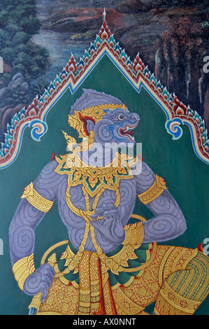 Ripristinato pitture murali (Ramakien) in Wat Phra Kaeo Grand Palace (il Tempio del Buddha di smeraldo), Bangkok, Thailandia, Sud-est asiatico Foto Stock