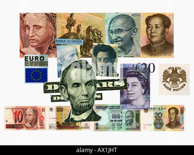 BRIC e G8 economie rappresentato da dettagli dal loro banconote Foto Stock