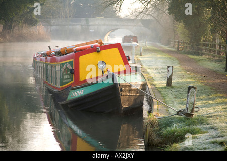 Mezza sunken Kennett Crociere chiatta ormeggiata sul fiume Kennet a Burghfield seguito allagamento invernale Foto Stock