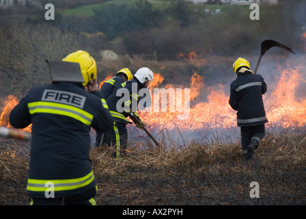 I vigili del fuoco di affrontare una spazzola incendio presso la storica Roche Rock, St Austell, Cornwall. Foto Stock