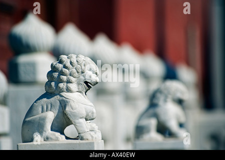 Cina, Pechino. Lion statua nella nuvola bianca tempio (Baiyun Guan) curato da monaci Taoista e fondata in ANNUNCIO 739. Foto Stock