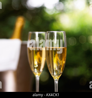 Una bottiglia di champagne in Champagne flauti Foto Stock