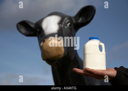 Mans sporco mano che tiene una pinta di latte in un astuccio di plastica nella parte anteriore di una imitazione in vetroresina mucca usato per scopi didattici Foto Stock