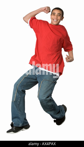 Jumping African American Teen boy Foto Stock