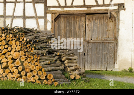 Catasta di legna da ardere nella parte anteriore della casa in legno e muratura Foto Stock