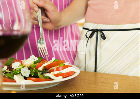 Persona la preparazione di mozzarella con pomodori, metà sezione Foto Stock