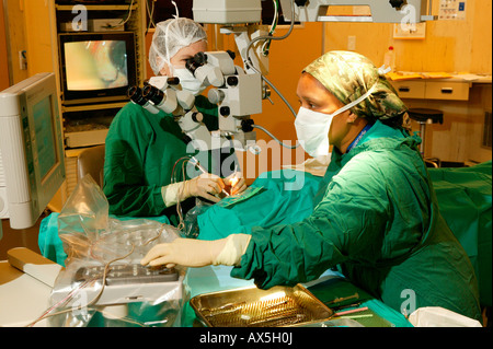 Medico guardando attraverso un microscopio durante la chirurgia della cataratta in PIETERMARITZBURG, Sud Africa e Africa Foto Stock