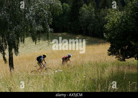 Motociclisti di montagna maschi e femmine nei pressi di Sarnthin, Sarentino, Bolzano-Bolzano, Italia settentrionale, Europa Foto Stock