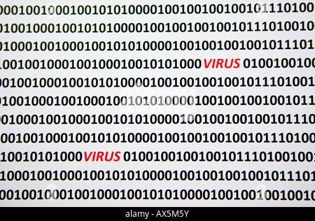 Computer virus, "virus" enunciato in rosso tra codifica bit in un computer il flusso di dati Foto Stock