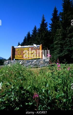 Segno di benvenuto alla Penisola di Kenai Alaska USA Foto Stock