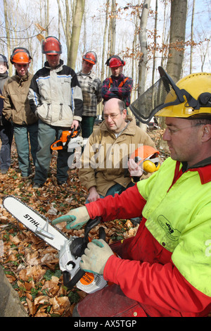 Chainsaw corso i partecipanti la pratica in una foresta Foto Stock