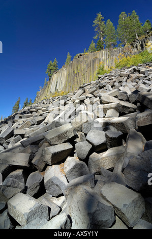 Broken-off pezzi di colonne di basalto a Mammoth Lakes, Devil's Postpile monumento nazionale, CALIFORNIA, STATI UNITI D'AMERICA Foto Stock