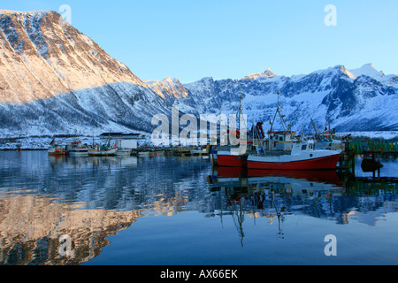 Tromvik Kvaløya island Norvegia circolo polare artico neve invernale Foto Stock