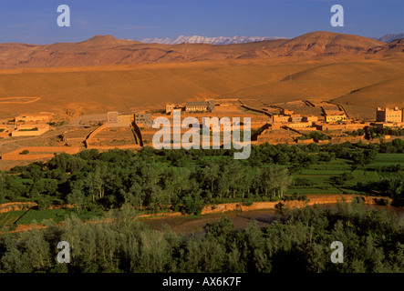 Alto Atlante distanza e oasis visto dalla città di boulmane du Dades Marocco Africa Foto Stock