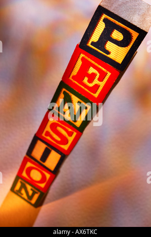 Pila di giocattolo di legno blocchi di costruzione l'ortografia della parola PENSION Foto Stock